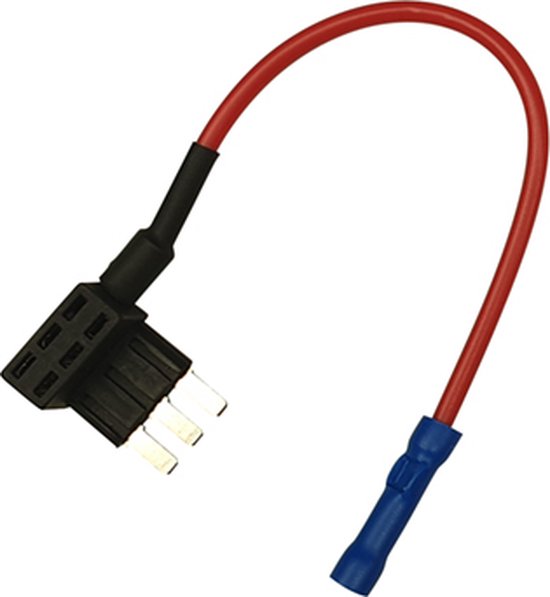 Micro3 zekeringhouder met rode kabel en blauwe connector.