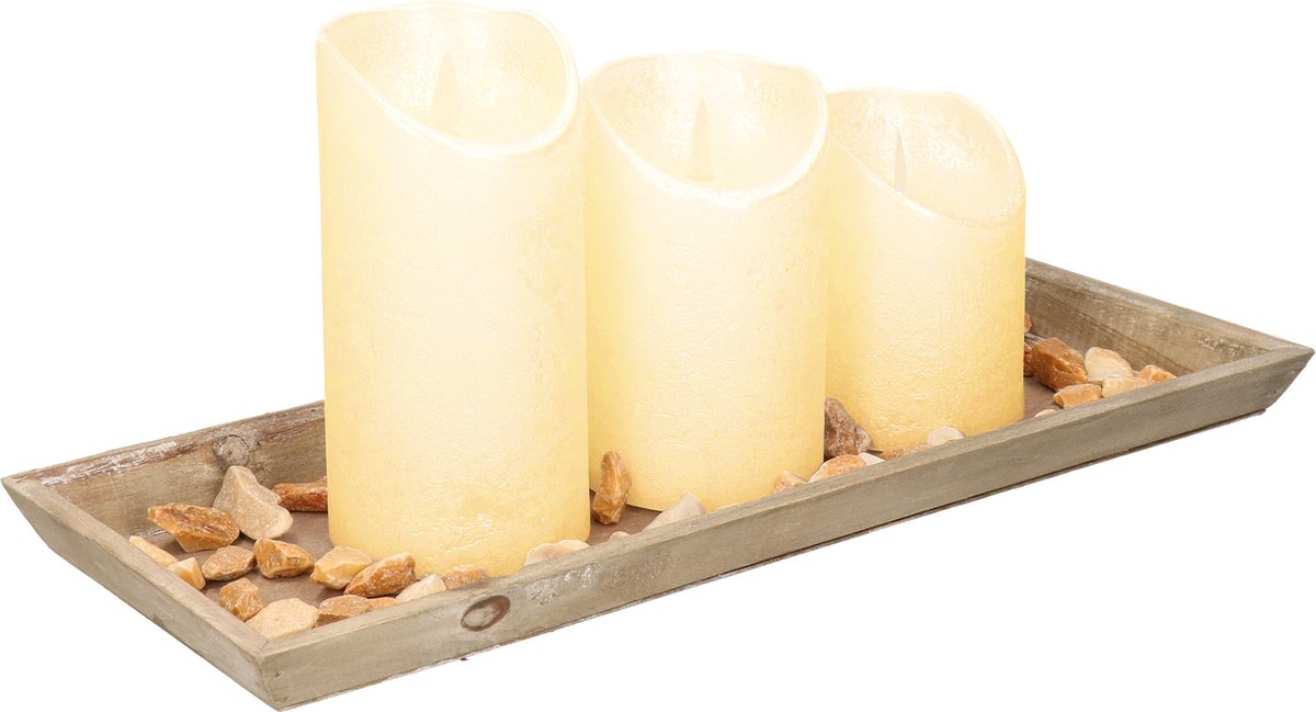 Dienblad met LED kaarsen en steentjes - 39 x 15 cm - creme
