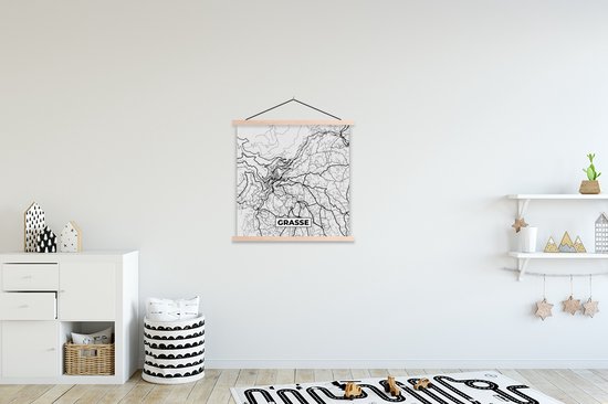 Posterhanger incl. Poster 90x90 cm - Schoolplaat - Kaart - Stadskaart - Grasse - Plattegrond - Frankrijk - Textielposter - Blanke latten - Stadskaart