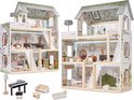Twee identieke houten poppenhuizen met bohemien interieur en LED verlichting. Meubels apart.