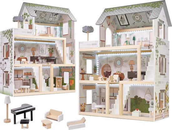 Twee identieke houten poppenhuizen met bohemien interieur en LED verlichting. Meubels apart.