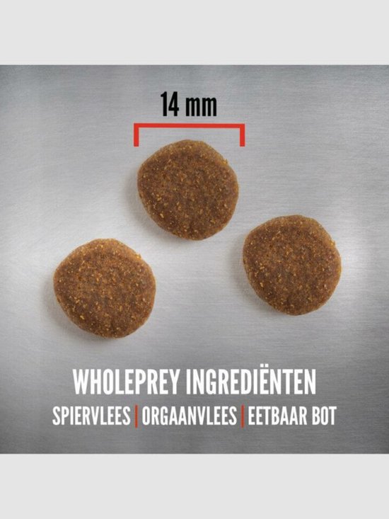 Drie brokjes hondenvoer van 14 mm op een grijze ondergrond.