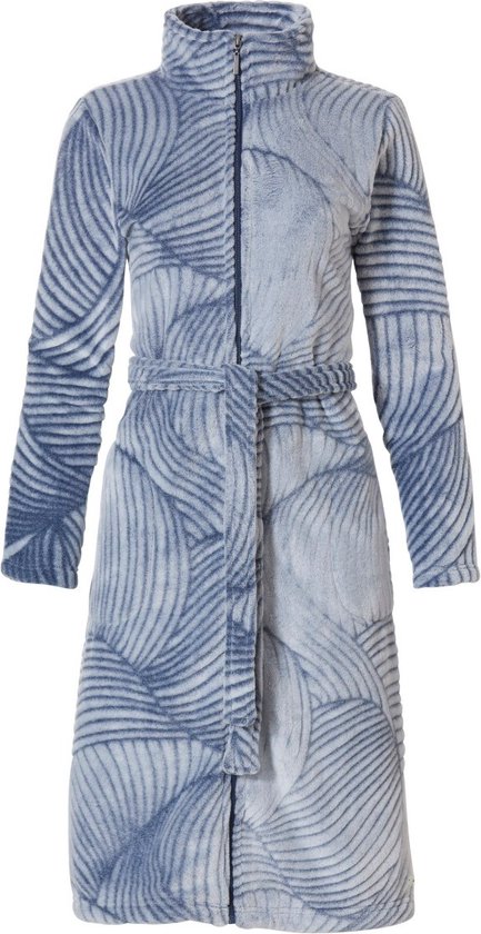 Pastunette - Dames - Badjas met rits - blauw/grijs - luxe ochtendjas met ritssluiting - fleece - L