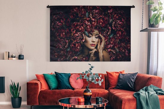 Wandkleed - Wanddoek - Vrouw - Bloemen - Henna - Portret - 180x120 cm - Wandtapijt