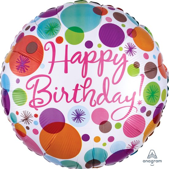 Verjaardag, Folieballon, Rond,  Happy Birthday Polka Dots