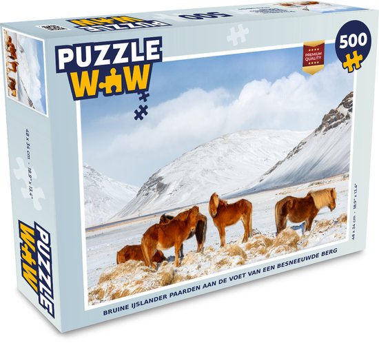 Puzzle Chevaux islandais marron au pied d'une montagne enneigée - Puzzle - Puzzle 500 pièces