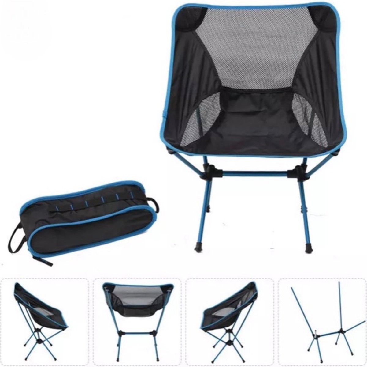 Strandstoel opvouwbaar - Kampeer vouwstoel - Visstoel/kruk - Plooistoel - Karperstoel - Ultralicht picknick meubel - Skyblue
