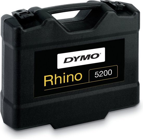 Een zwarte draagtas met het Dymo Rhino 5200 logo, op een witte achtergrond.