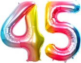 Folie Ballon Cijfer 45 Jaar Regenboog Verjaardag Versiering Helium Cijfer Ballonnen Feest versiering Met Rietje - 86Cm