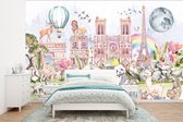 Behang meisjeskamer - Fotobehang Parijs - Regenboog - Kinderen - Roze - Meisjes - Dieren - Breedte 295 cm x hoogte 220 cm - Kinderbehang
