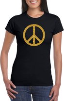 Toppers Zwart Flower Power t-shirt gouden glitter peace teken dames - Sixties/jaren 60 kleding XXL