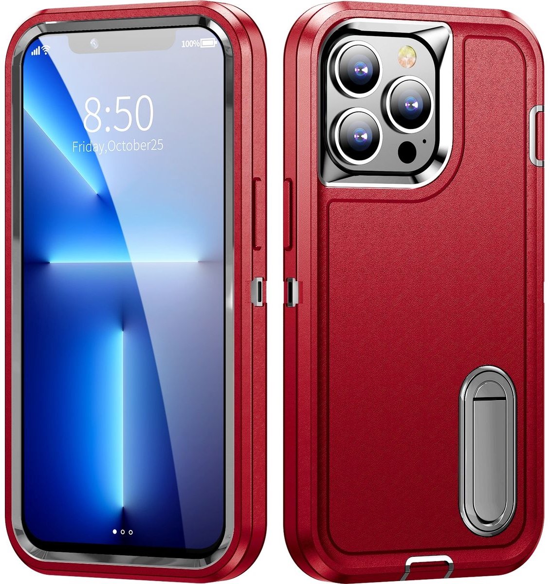 Mobigear Hoesje geschikt voor Apple iPhone 14 Pro Telefoonhoesje Hardcase | Mobigear Rugged Stand Backcover Shockproof met Standaard | Schokbestendig iPhone 14 Pro Telefoonhoesje | Anti Shock Proof - Rood