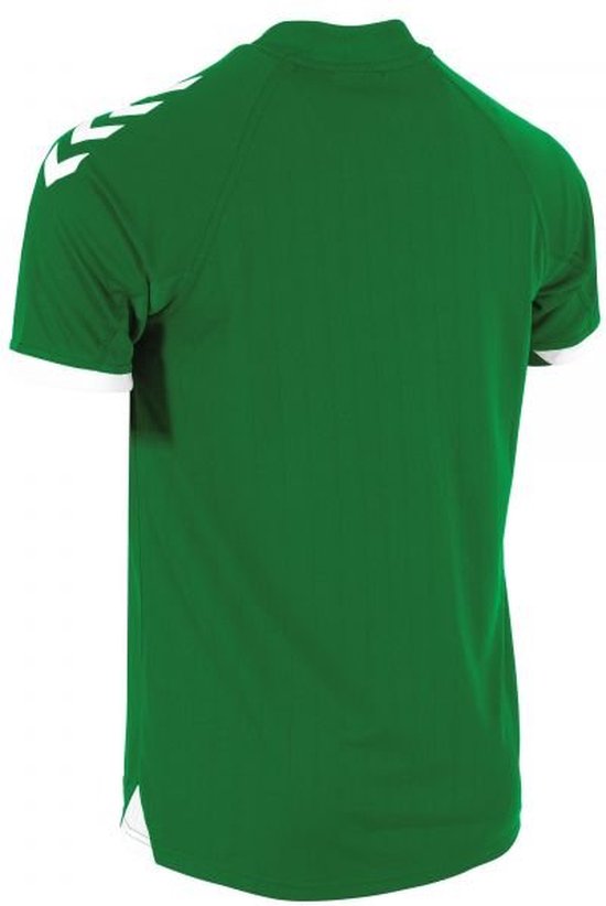 Groen sportshirt van Hummel met witte strepen op de schouders en witte boorden. Zijkant.