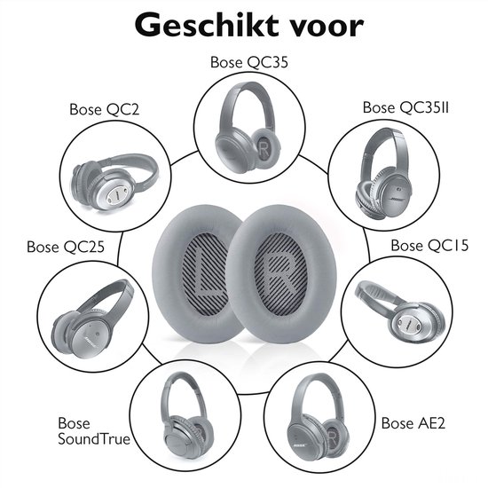 Diagram dat oorkussens compatibel toont met Bose QC35, QC35II, QC35, QC15, AE2, Soundtrue, QC25, QC2.