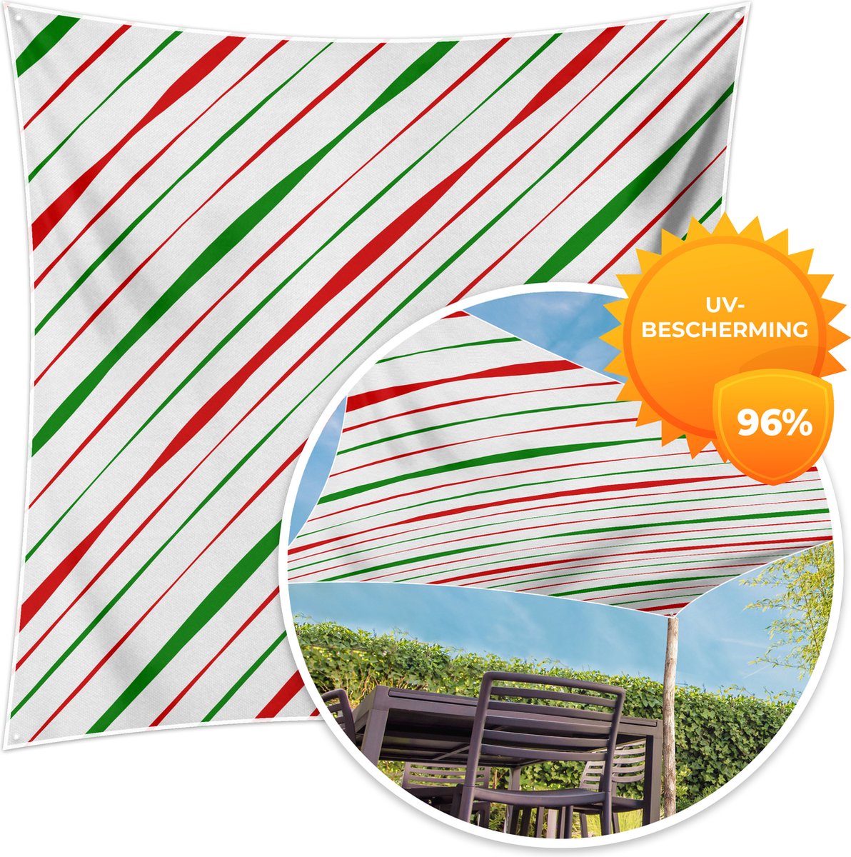MuchoWow® - Schaduwdoek - Patronen - Kerst - Strepen - 96% UV-bestendig - Hoogwaardig polyester - Zonnedoek - Weerbestendig - Tuin - Tarp - 300x300 cm