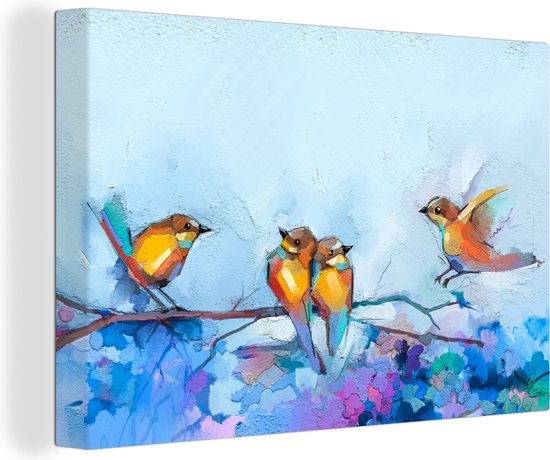 Canvas - Olieverf - Schilderij - Vogels - Tak - Blauw - 60x40 cm - Woondecoratie - Schilderijen op canvas