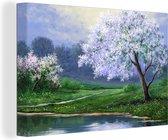 Canvas - Canvas doek - Bloesemboom - Water - Olieverf - Canvas natuur - 60x40 cm - Schilderijen op canvas - Muurdecoratie