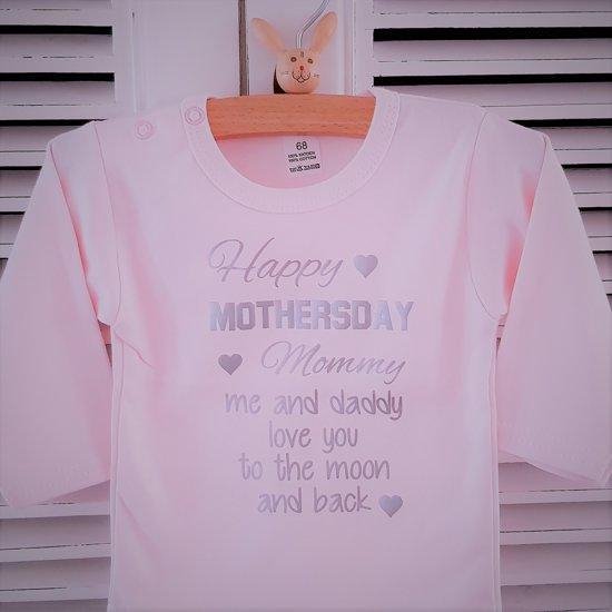 Baby shirtje meisje tekst mama eerste moederdag cadeau van papa | Happy first mother’s Day mommy | lange mouw T-Shirt | roze zilver | maat 92 | liefste leukste kleding babykleding