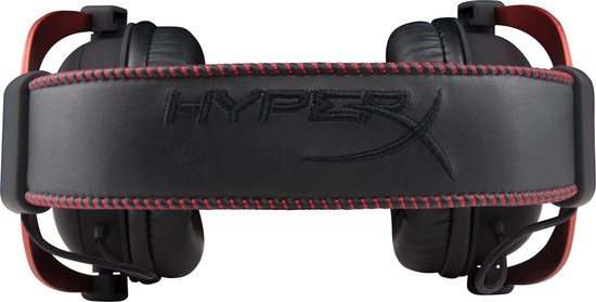 Zwarte HyperX Cloud II headset, close-up van de hoofdband met rode stiksels en geborduurd logo.