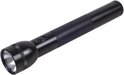 Zwarte Maglite zaklamp liggend, met focus op de geribbelde grip en de kop.