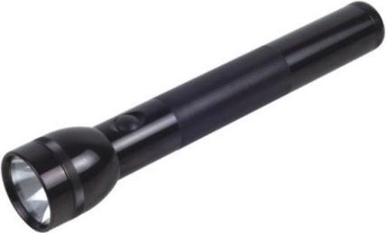 Zwarte Maglite zaklamp liggend, met focus op de geribbelde grip en de kop.