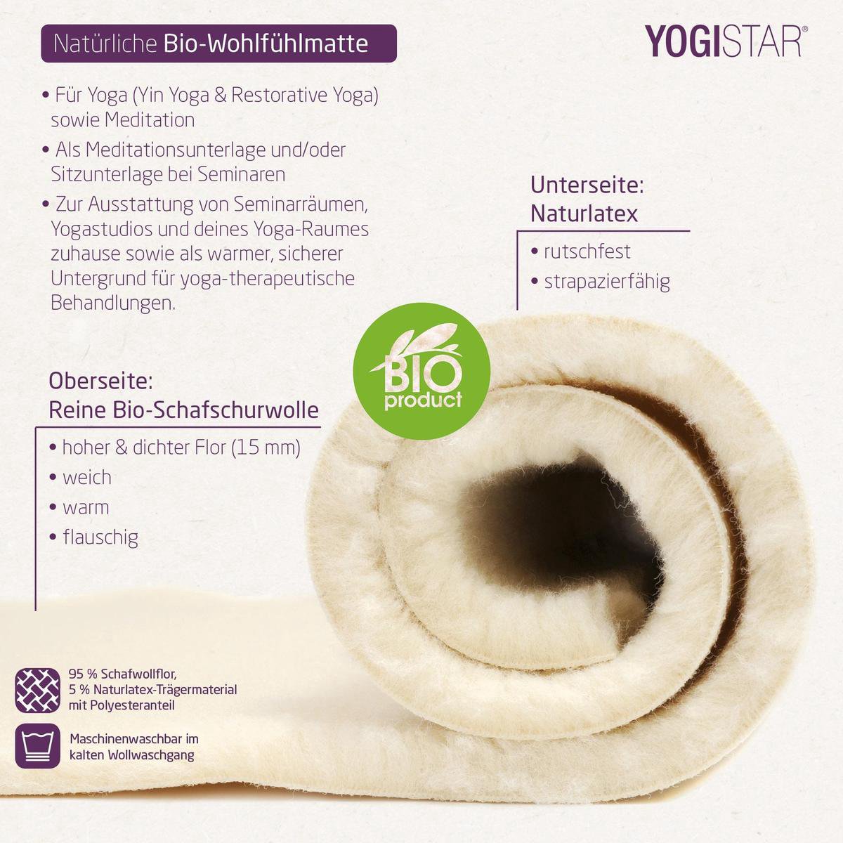 Yogamat natuur (bio-scheerwol) 100 cm x 200 cm Fitnessmat YOGISTAR