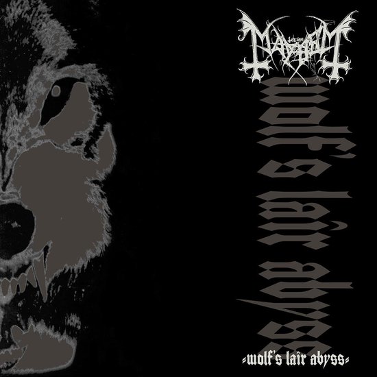 Albumcover met een grijze wolfskop aan de linkerkant en de tekst "Wolf's Lair Abyss" in witte gotische letters.