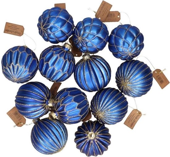 12x Blauwe glazen kerstballen met gouden decoratie 6 cm - Kerstboom... |  bol.com