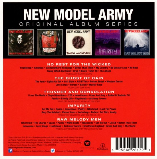De achterkant van de "New Model Army Original Album Series" boxset met de titels van de albums en nummers.