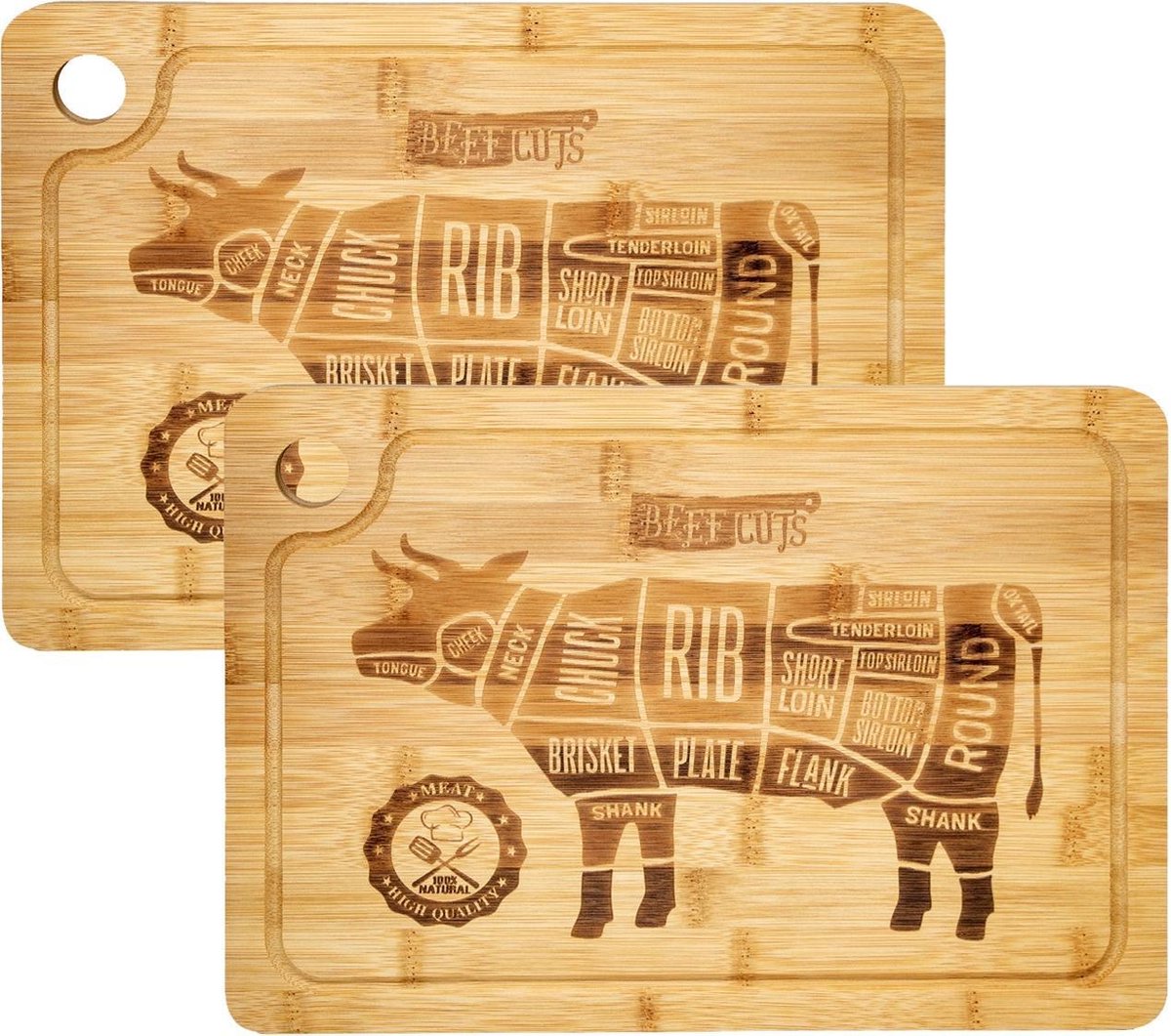 2 cm Dik: 2x Houten Snijplank met Sapgoot - 33x23 Massief Bamboe Keukenplank Trancheerplank Hout