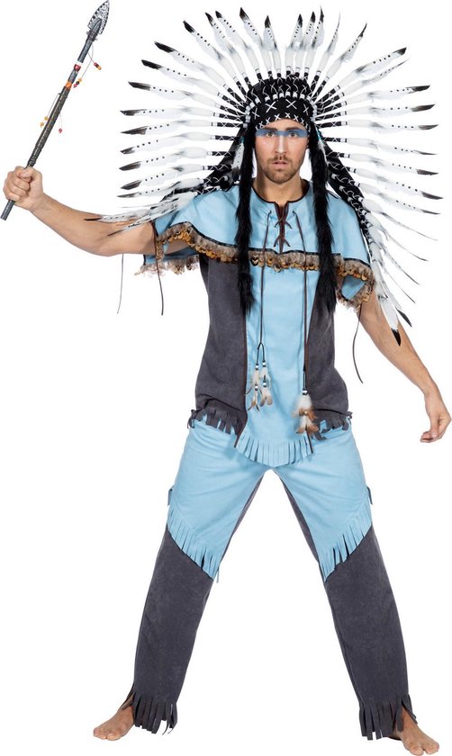 Wilbers & Wilbers - Indiaan Kostuum - Hupa Hoopa Indiaan Wilde Westen - Man - Blauw, Grijs - Maat 58 - Carnavalskleding - Verkleedkleding