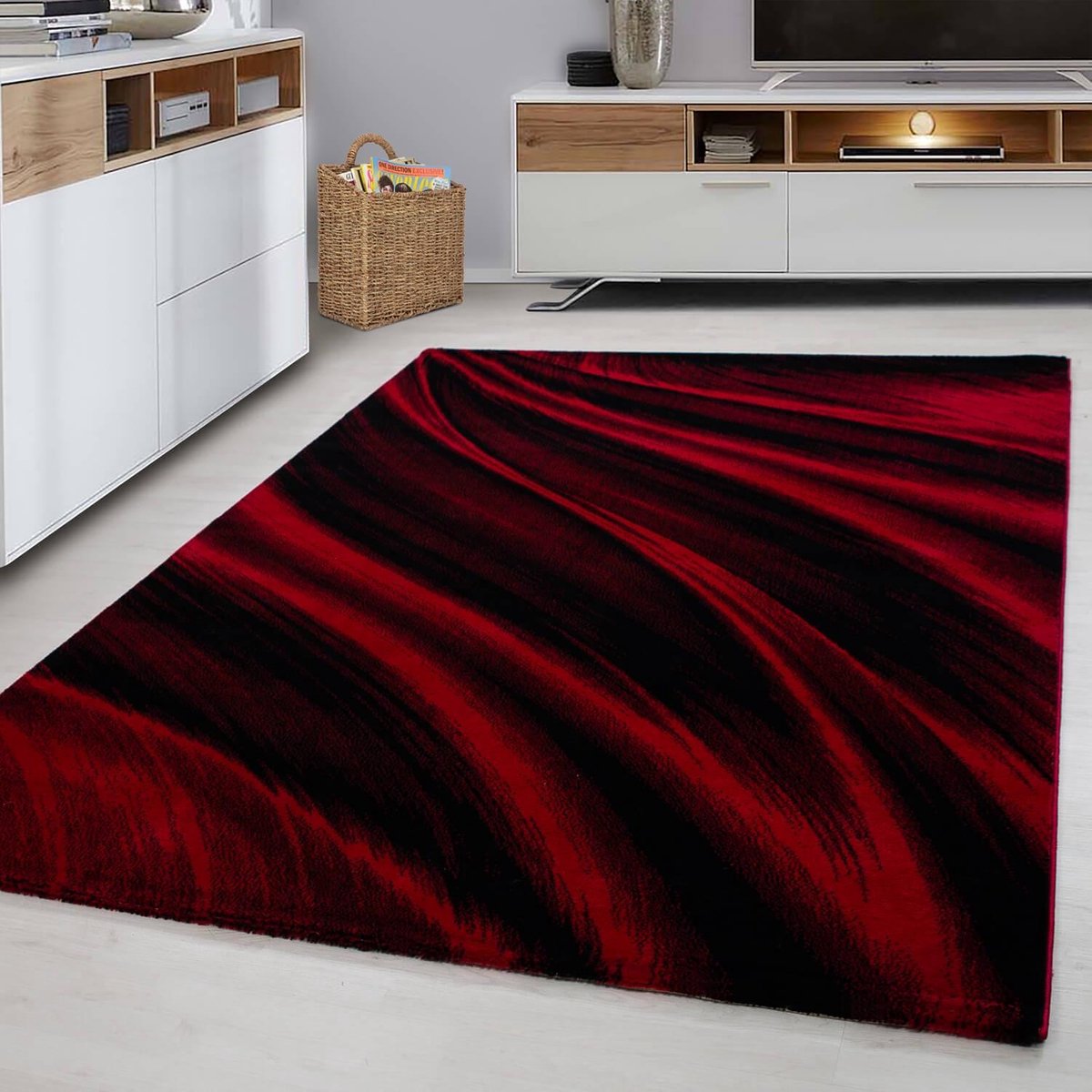 Ayyildiz Laagpolig vloerkleed, abstract golfpatroon, rood, woonkamerkleed, jute achterkant, afmeting: 80 x 150 cm