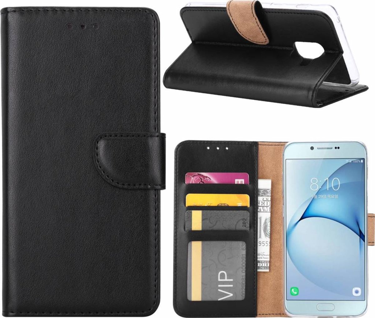 Samsung Galaxy A6+ (2018) case Zwart Portemonnee hoesje met opbergvakjes