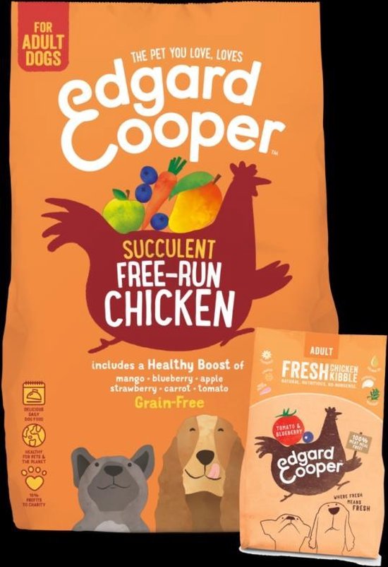 Grote en kleine oranje voerzakken van Edgard Cooper met kipafbeelding en twee honden aan de onderkant. Voor volwassen honden, verse kip, graanvrij.