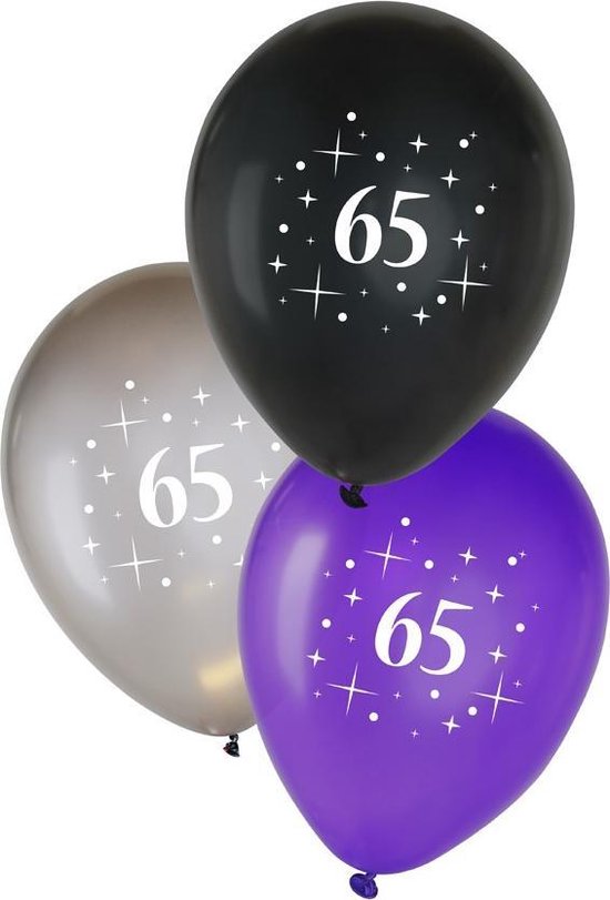Ballonnen 65 jaar metallic zwart-zilver-paars helium 12 inch per 6.