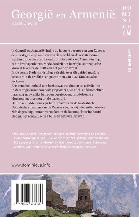 Achterkant van een boek met kerken op een heuvel en besneeuwde bergen. Tittel: Georgië en Armenië.