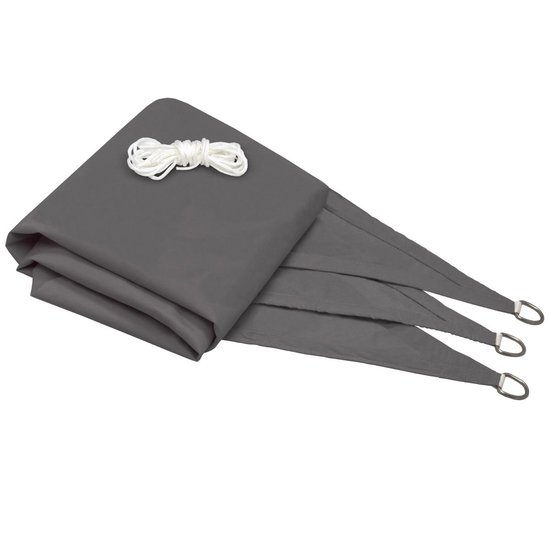 Gevouwen antracietkleurig schaduwdoek driehoek met touw en D-ringen, 100% polyester.