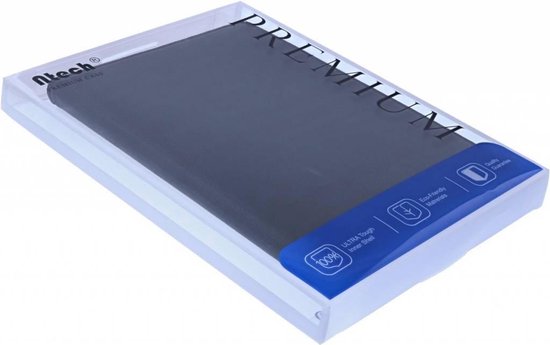 Grijze Ntech Premium Case tablethoes in verpakking met labels 'Eco-Friendly Materials', '100% ULTRA-Tough Inner Shell' en 'Quality Guarantee'.