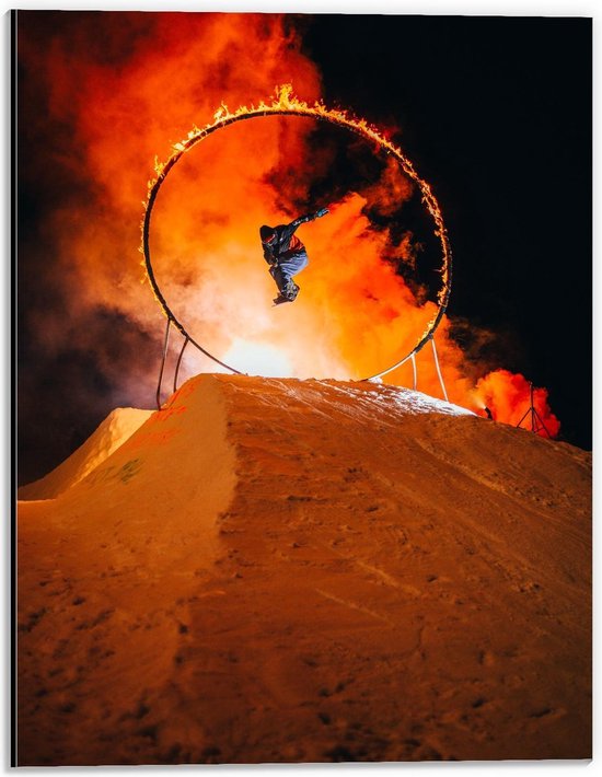Dibond - Snowboarder door Vuur - 30x40cm Foto op Aluminium (Wanddecoratie van metaal)