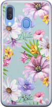 Samsung Galaxy A40 siliconen hoesje - Mint bloemen - Soft Case Telefoonhoesje - Blauw - Bloemen