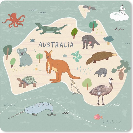 Muismat Wereldkaart met dieren - Kaart van Australië met dieren in het groen muismat rubber - 20x20 cm - Muismat met foto
