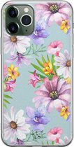 iPhone 11 Pro hoesje - Mint bloemen - Soft Case Telefoonhoesje - Bloemen - Blauw