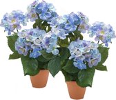 2x stuks blauwe hortensia kunstplant in terracotta pot 40 cm - Hydrangea Macrophylla - Woondecoratie/accessoires - Kunstplanten - Nepplanten - Hortensia planten in pot