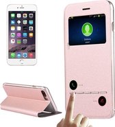 Voor iPhone 8 Plus en 7 Plus horizontale lederen flip-hoes met oproepweergave-ID en houder (roze)