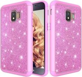 Glitter poeder contrast huid schokbestendig siliconen + pc beschermhoes voor Galaxy J2 Core 2018 (roze)