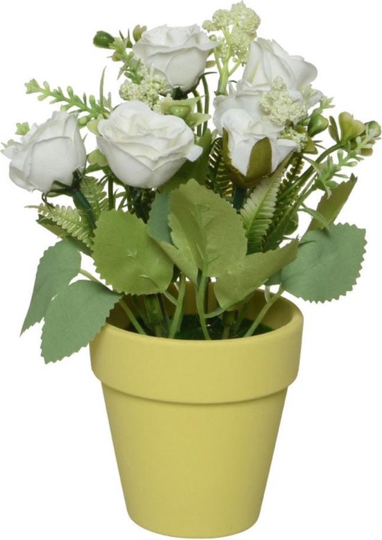 auditorium bijl veiling 3x stuks witte bloemen/rozen kunstplant in gele kunststof pot 19 cm -  Nepplant -... | bol.com
