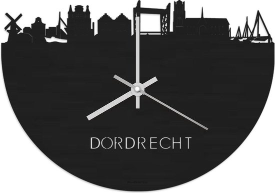 Skyline Klok Dordrecht Zwart hout - Ø 40 cm - Stil uurwerk - Wanddecoratie - Meer steden beschikbaar - Woonkamer idee - Woondecoratie - City Art - Steden kunst - Cadeau voor hem - Cadeau voor haar - Jubileum - Trouwerij - Housewarming -
