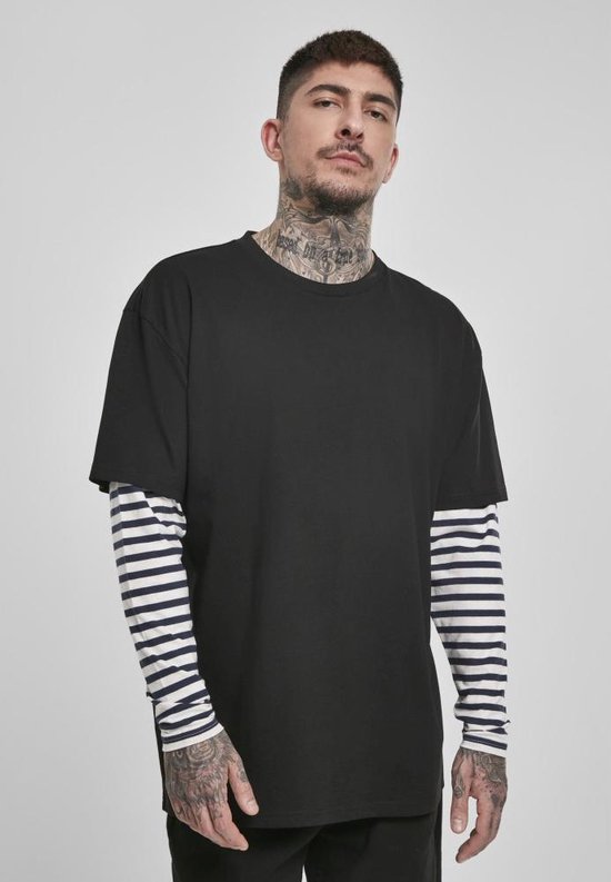 Urban Classics Longsleeve shirt Oversized Double Layer Striped Zwart