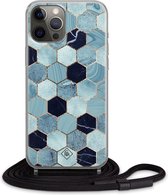 iPhone 12 Pro hoesje met koord - Blue cubes | Apple iPhone 12 Pro crossbody case | Zwart, Transparant | Marmer
