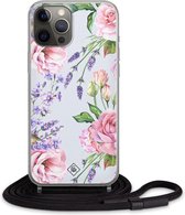 iPhone 12 Pro hoesje met koord - Pastel bloemen / Flowers | Apple iPhone 12 Pro crossbody case | Zwart, Transparant | Bloemen